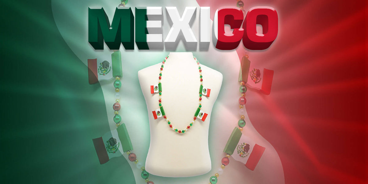 Home page slider image with Mexico flag necklace against gradient flag background under headline reading MEXICO.