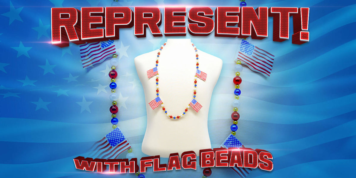 Home page image with USA flag necklace against flag background and promo copy reading REPRESENT! WITH FLAG BEADS.