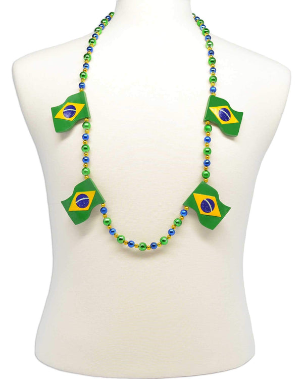 Brazil flag necklace, style GRBBRAZ, strung with green, blue and gold Mardi Gras beads.