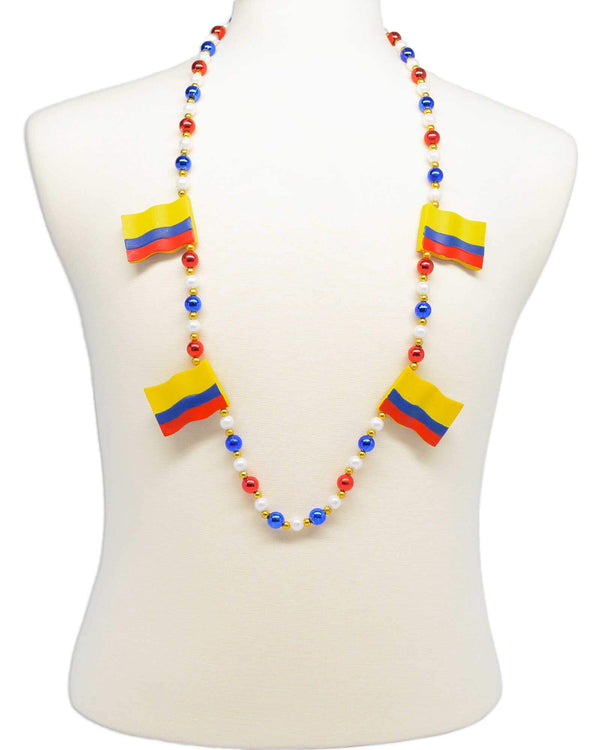 Colombia flag necklace, style GRBCOL, strung with red, white, blue and gold Mardi Gras beads.