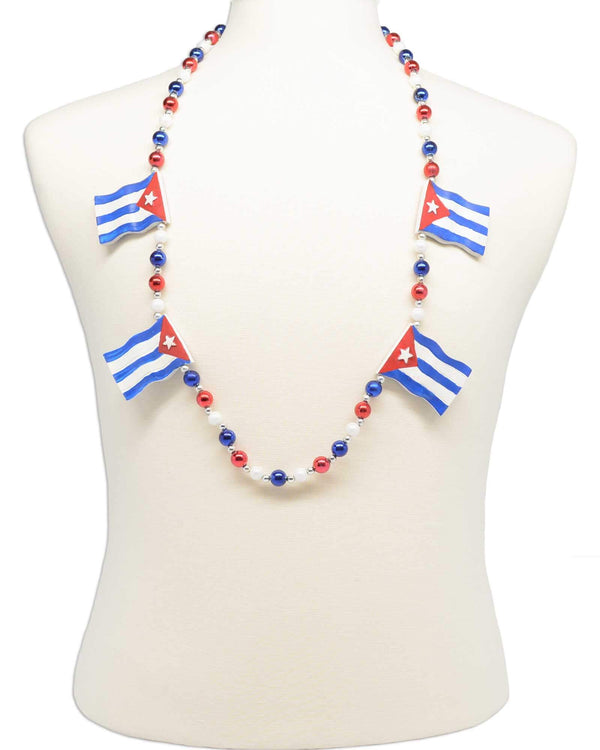 Cuba flag necklace, style GRBCUBA, strung with red, white, blue and silver Mardi Gras beads.