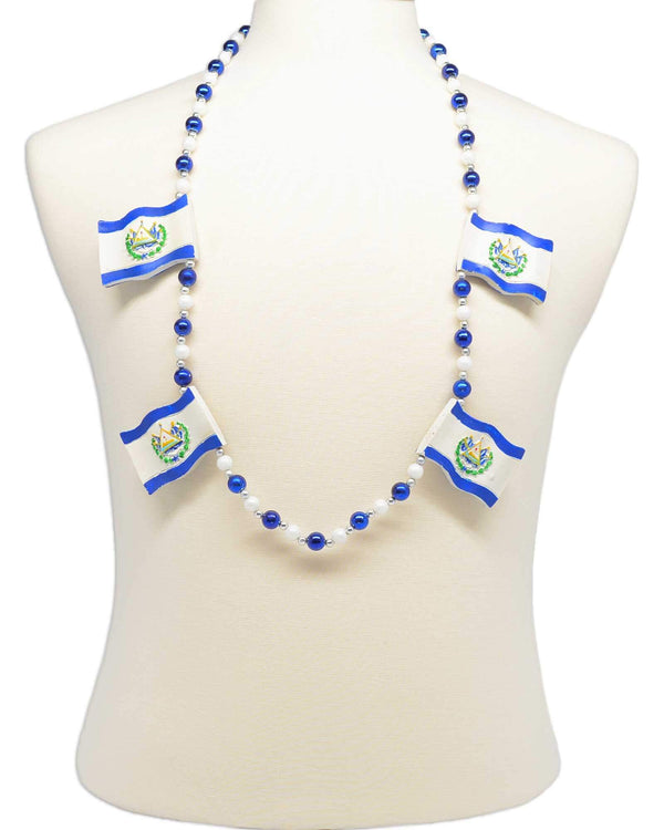 El Salvador flag necklace, style GRBELSAL, strung with blue, white and silver Mardi Gras beads.