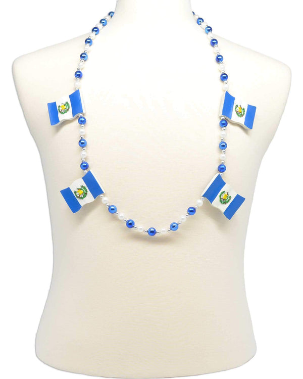 Guatemala flag necklace, style GRBGUAT, strung with blue, white and silver Mardi Gras beads.