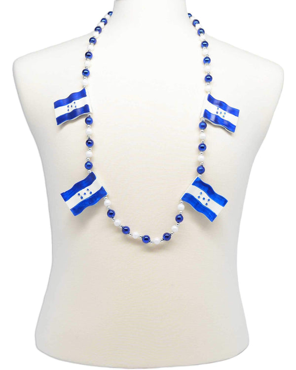 Honduras flag necklace, style GRBHOND, strung with blue, white and silver Mardi Gras beads.