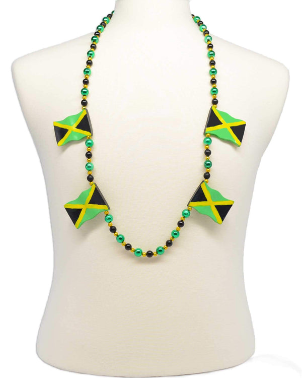 Jamaica flag necklace, style GRBJAM, strung with black, green and gold Mardi Gras beads.