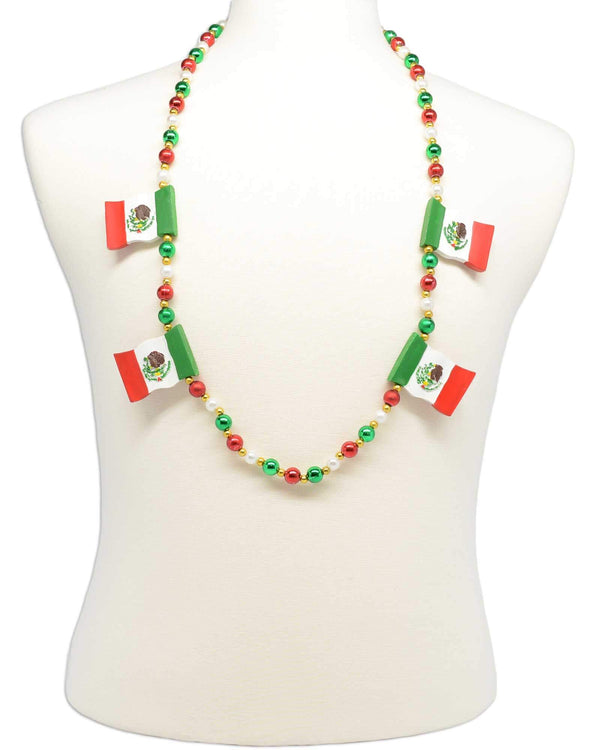 Mexico flag necklace, style GRBMEX, strung with red, white, green and gold Mardi Gras beads.