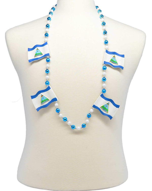 Nicaragua flag necklace, style GRBNICA, strung with blue, white and silver Mardi Gras beads.