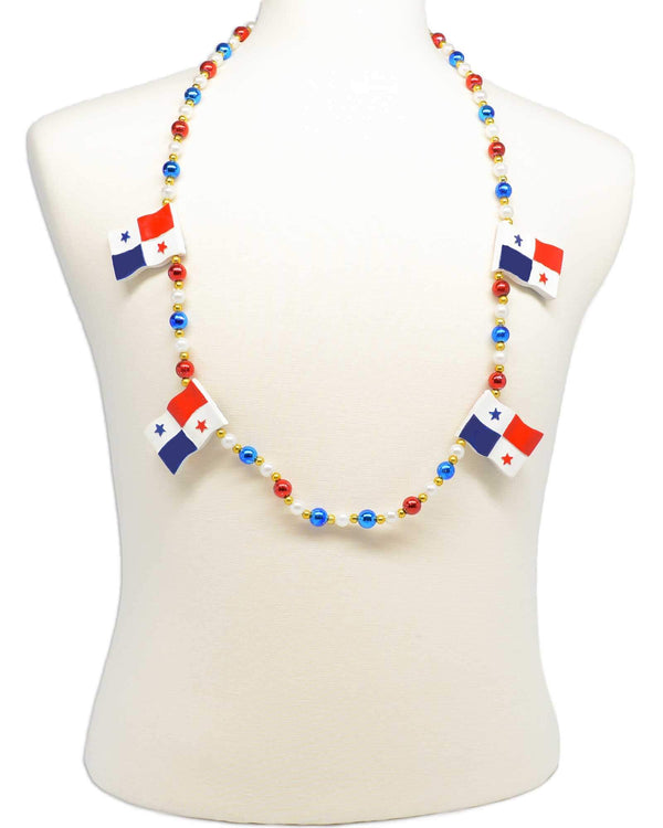 Panama flag necklace, style GRBPAN, strung with red, white, blue and gold Mardi Gras beads.