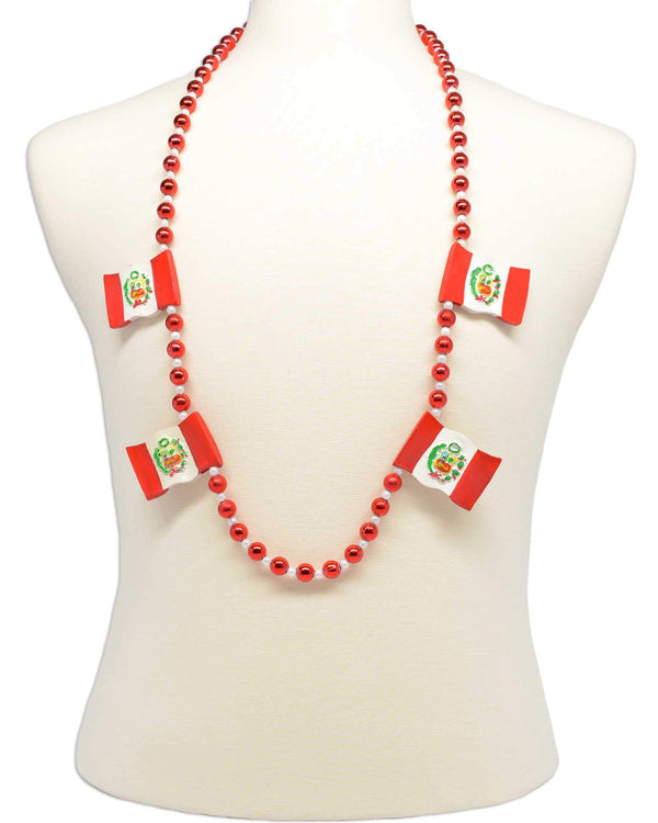 Peru flag necklace, style GRBPERU, strung with red and white Mardi Gras beads.