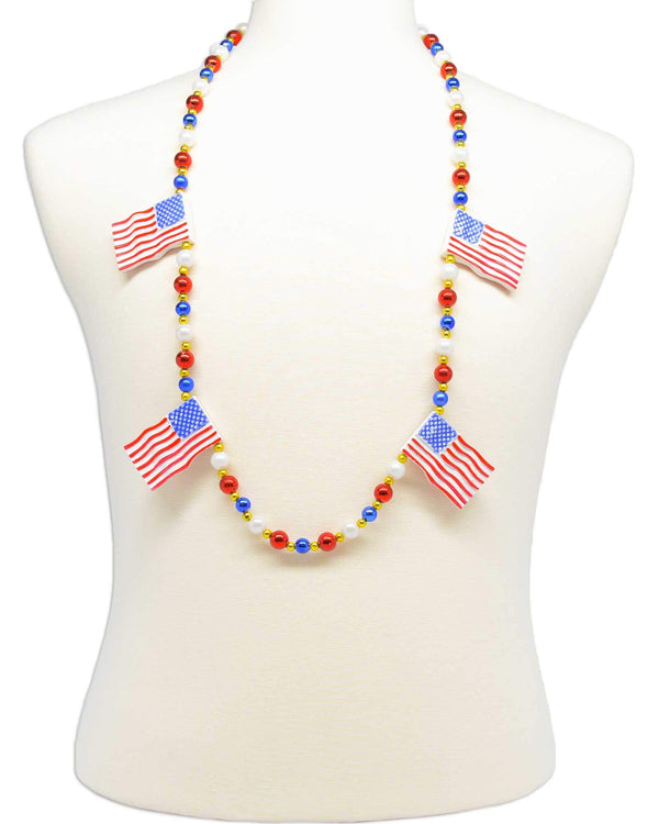 USA flag necklace, style GRBUSA, strung with red, white, blue and gold Mardi Gras beads.