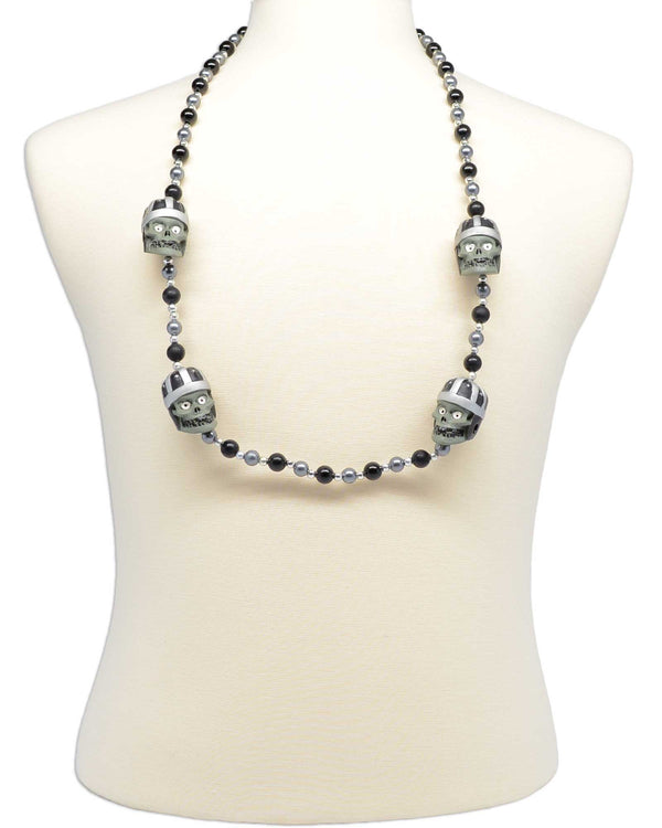 Football helmet skull necklace, style GRBHSKULL, with silver, black and grey Mardi Gras beads.