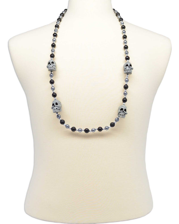 Grey skull necklace, style GRBGSKULL, strung with silver, black and grey Mardi Gras beads.