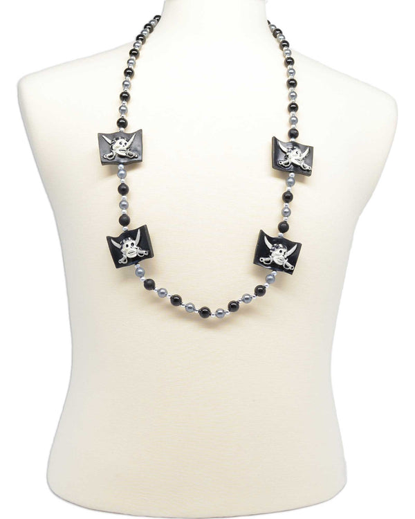 Pirate skull flag necklace, style GRBBSPIRATE, strung with black, grey and silver beads.